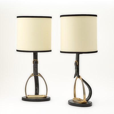 Lot 198 - Pair of Longchamp Paris Gilt-Metal and Leather Equestrian Themed Table Lamps