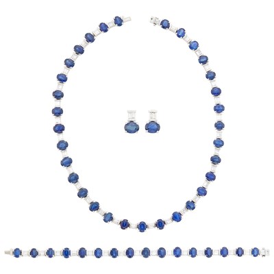 Lot 171 - Platinum, Sapphire and Diamond Necklace, Bracelet and Pair of Earrings