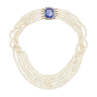 Lot 1062 - Multistrand Natural Pearl Necklace with Platinum, Gold, Sapphire and Diamond Clasp