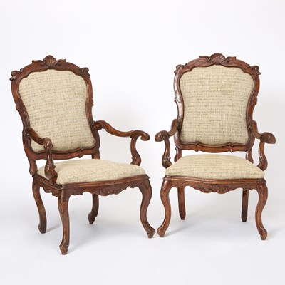 Lot 103 - Pair of Venetian Rococo Carved Walnut Armchairs