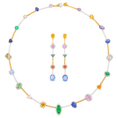Lot 80 - Two-Color Gold, Colored Stone and Diamond Necklace and Pair of Pendant-Earclips