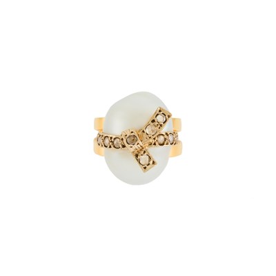 Lot 1206 - Two-Color Gold, Baroque Cultured Pearl and Diamond Bow Ring