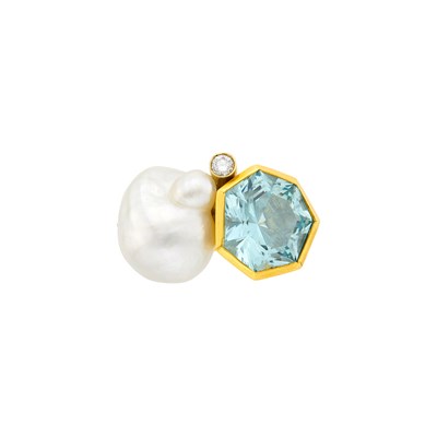 Lot 22 - Helen Yarmak Gold, Aquamarine, Baroque South Sea Cultured Pearl and Diamond Ring