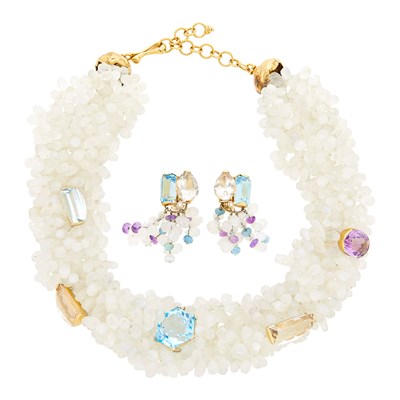 Lot 1235 - Helen Yarmak Seven Strand Moonstone Bead, Gold and Colored Stone Necklace and Pair of Pendant-Earclips