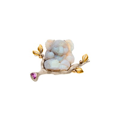 Lot 1045 - Two-Color Gold, Carved Opal, Pink Sapphire and Colored Diamond Koala Brooch