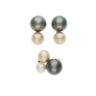 Lot 1210 - Pair of White Gold, Gray and Golden South Sea Cultured Pearl Earclips and Gold and Tricolor Cultured Pearl Ring