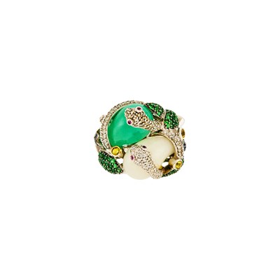 Lot 1044 - White Gold, Two-Color Jade, Diamond and Gem-Set Serpent Ring