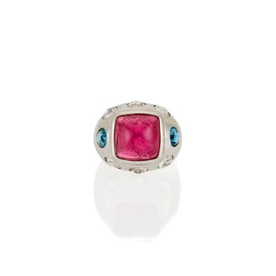 Lot 1048 - White Gold, Pink Tourmaline, Blue and White Topaz Ring