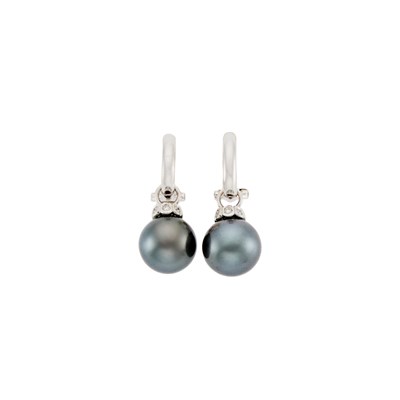 Lot 1070 - Pair of White Gold, Gray Tahitian Cultured Pearl and Diamond Pendant-Earclips