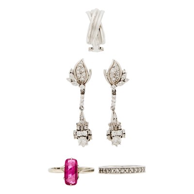Lot 1102 - Group of White Gold, Platinum, Synthetic Ruby and Diamond Jewelry