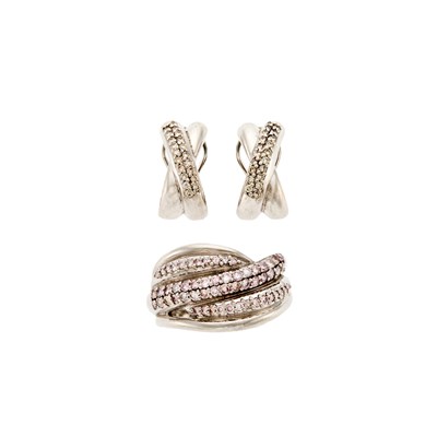 Lot 1106 - Pair of White Gold and Diamond Earclips and Platinum and Colored Diamond Ring