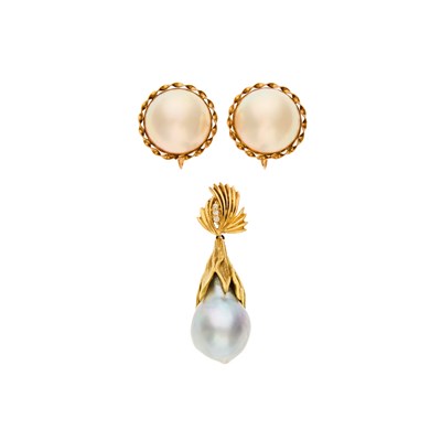 Lot 1207 - Pair of Gold and Mabé Pearl Earclips and Gold, Baroque Gray Cultured Pearl and Diamond Pendant