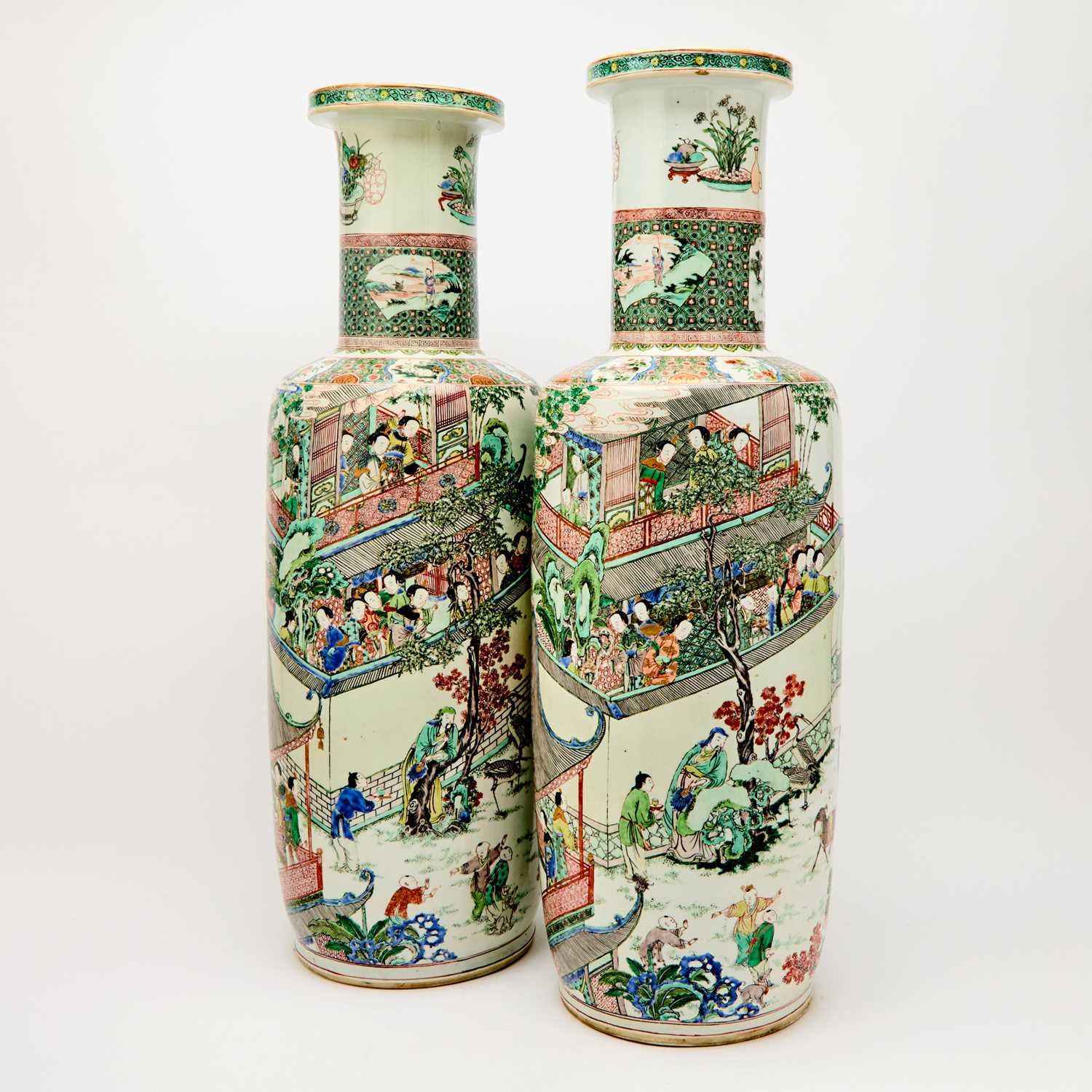 Lot 125 - A Magnificent Pair of Chinese Famille Verte Porcelain Rouleau Vases