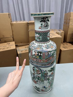 Lot 125 - A Magnificent Pair of Chinese Famille Verte Porcelain Rouleau Vases
