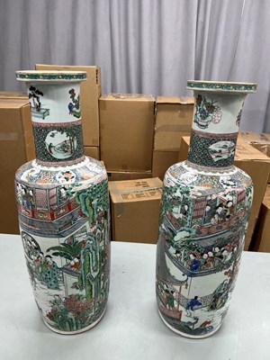 Lot 125 - A Magnificent Pair of Chinese Famille Verte Porcelain Rouleau Vases