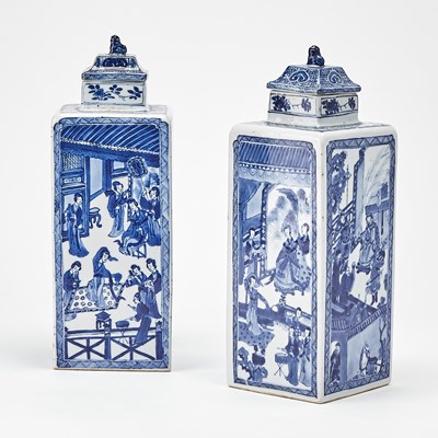 Lot 117 - A Pair of Chinese Blue and White Porcelain Square Vases and Covers