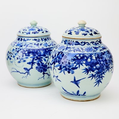 Lot 137 - A Pair of Chinese Blue and White Porcelain Covered Jars