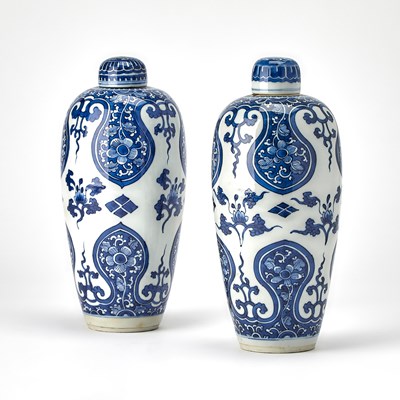 Lot 133 - A Pair of Chinese Blue and White Porcelain Vases and Covers
