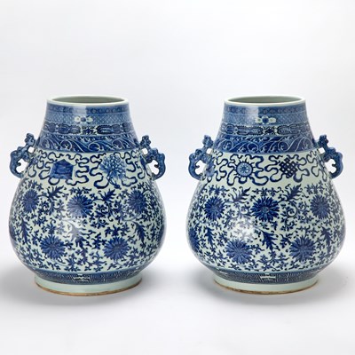 Lot 188 - A Pair of Chinese Blue and White Porcelain Hu-Form Vases