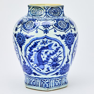 Lot 92 - A Chinese Blue and White Porcelain Faceted Jar