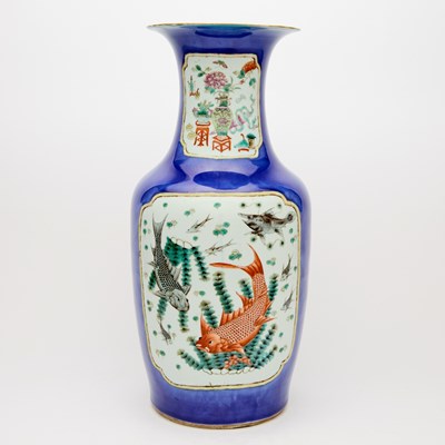 Lot 183 - A Chinese Famille Rose Powder-Blue-Ground Porcelain Vase