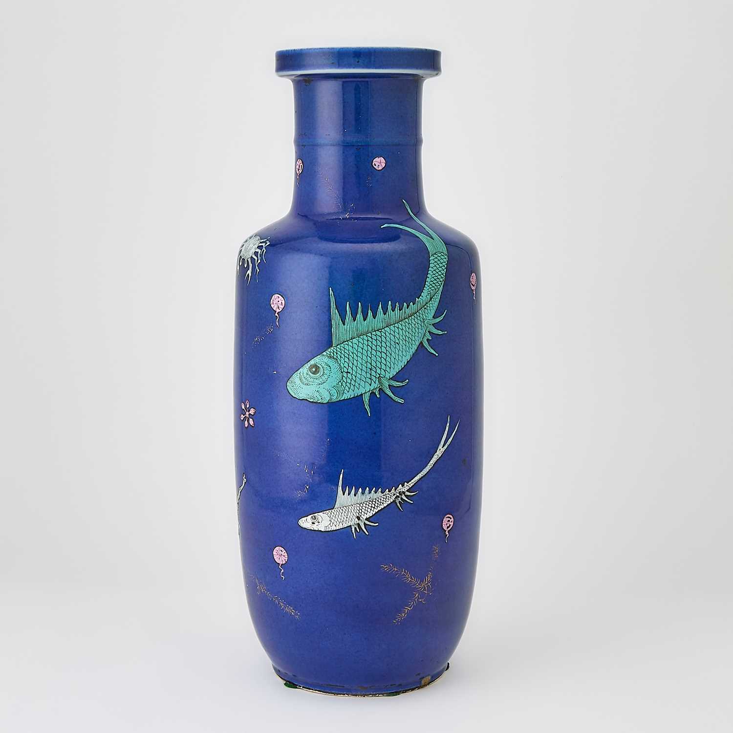 Lot 76 - A Chinese Blue Ground Enameled Porcelain 'Fishes' Rouleau Vase