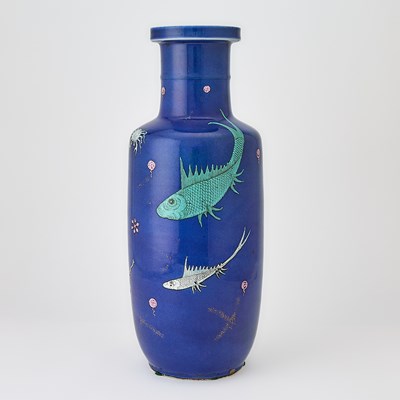 Lot 166 - A Chinese Blue Ground Enameled Porcelain 'Fishes' Rouleau Vase