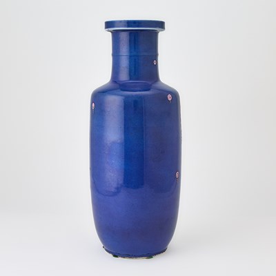 Lot 76 - A Chinese Blue Ground Enameled Porcelain 'Fishes' Rouleau Vase