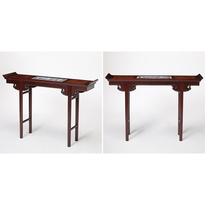 Lot 192 - A Pair of Chinese Porcelain-Inset Mixed Hardwood Altar Tables