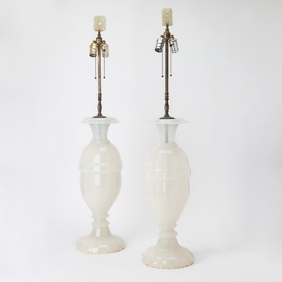 Lot 287 - Pair of White Opaline Glass Urn-Form Lamps