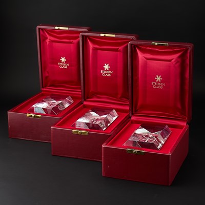 Lot 352 - Three Steuben Engraved Glass Prisms titled Garden Butterflies Delight