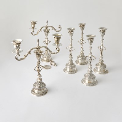 Lot 509 - Set of Six Continental Silver Figural Candlesticks
