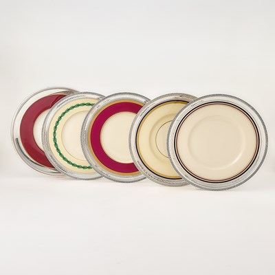 Lot 233 - Five Sterling Silver Mounted Porcelain Chargers