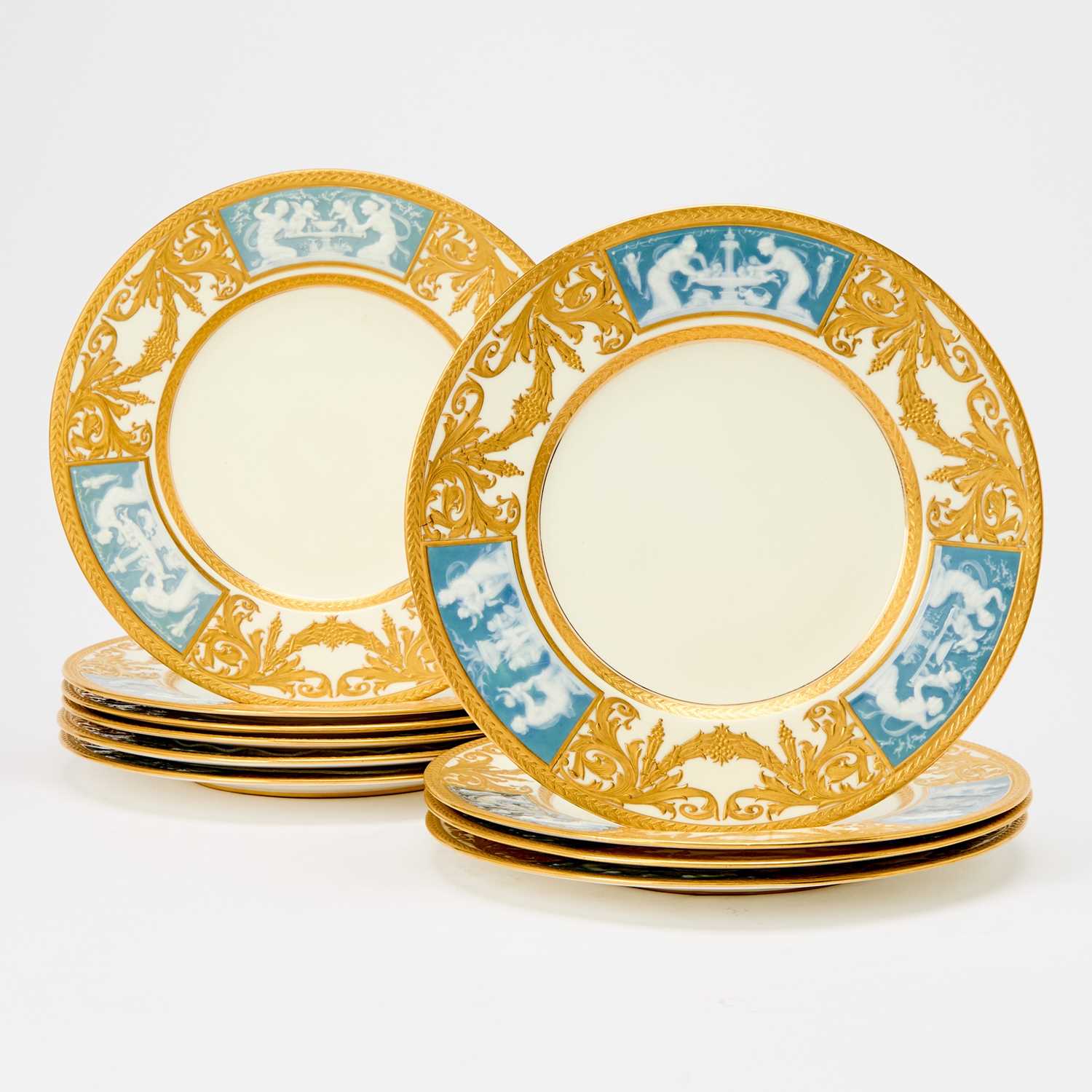 Lot 573 - Set of Ten Mintons Pâte-sur-Pâte Porcelain Dinner Plates