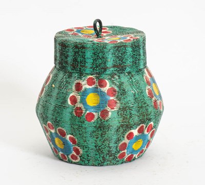Lot 325 - African Paint Decorated Woven Metal Lidded Basket