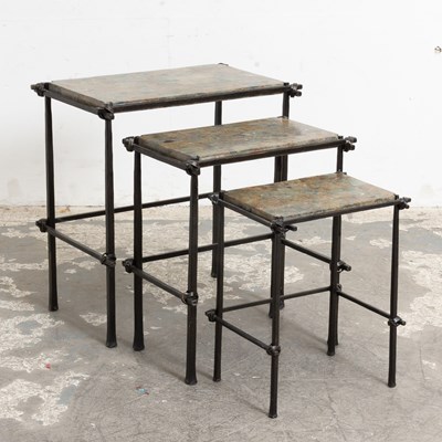 Lot 12 - Nest of Three Iron and Green Marble Tables