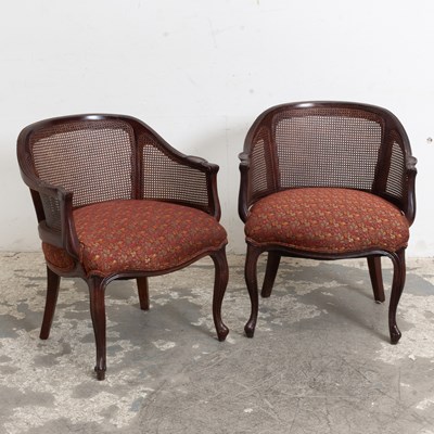 Lot 24 - Pair of Louis XV Style Canes Mahogany Upholstered Armchairs