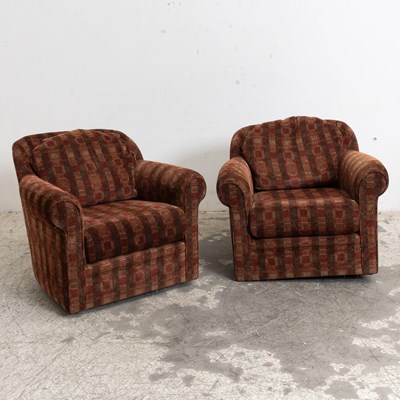 Lot 23 - Pair of Striped Upholstered Swivel Club Chairs