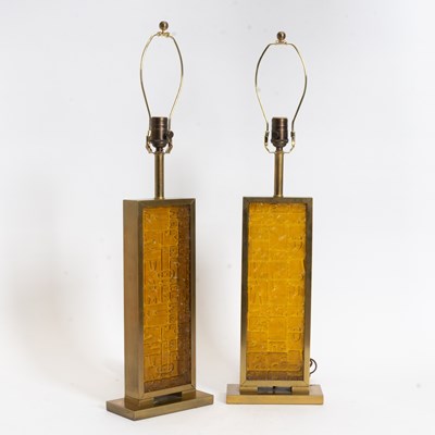 Lot 139 - Pair of Mid-Century Style Cast Glass and Brass Lamps