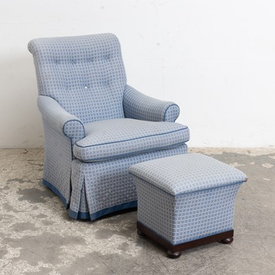 Lot 63 - Blue Grid Patterned Upholstered Club Chair and Storage Ottoman