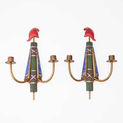 Lot 183 - Pair of Italian Polychrome Painted Tole Two-Light Wall Sconces 