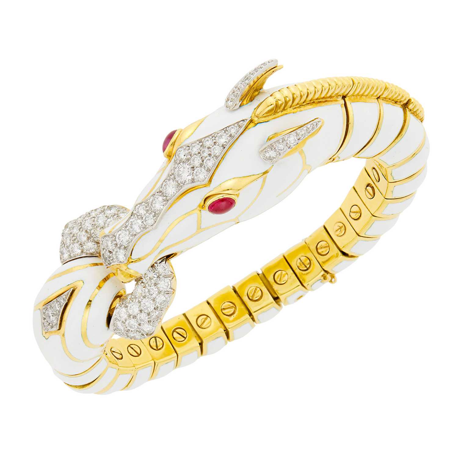 Lot 155 - David Webb Gold, Platinum, White Enamel, Diamond and Cabochon Ruby Horse Bracelet