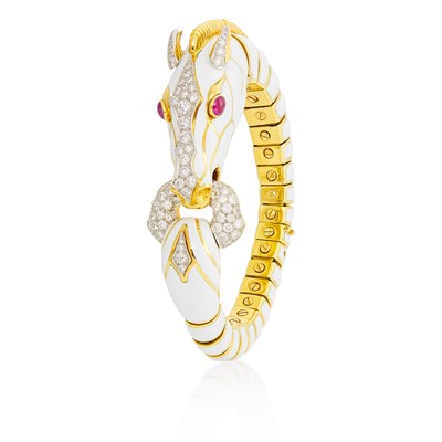 Lot 155 - David Webb Gold, Platinum, White Enamel, Diamond and Cabochon Ruby Horse Bracelet