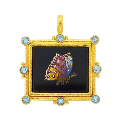 Lot 136 - Elizabeth Locke Hammered Gold, Black Onyx, Micromosaic and Aquamarine Pendant