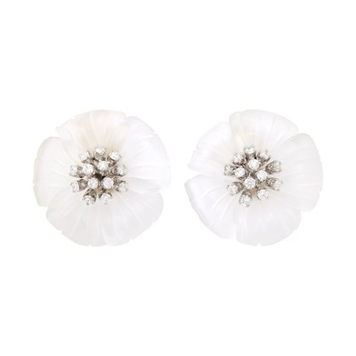 Lot 143 - Aletto Brothers Pair of Two-Color Gold, Carved Frosted Rock Crystal and Diamond Flower Earclips