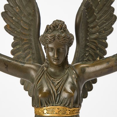 Lot 544 - Pair of Empire Style Patinated and Gilt-Bronze Figural Four-Light Candelabra