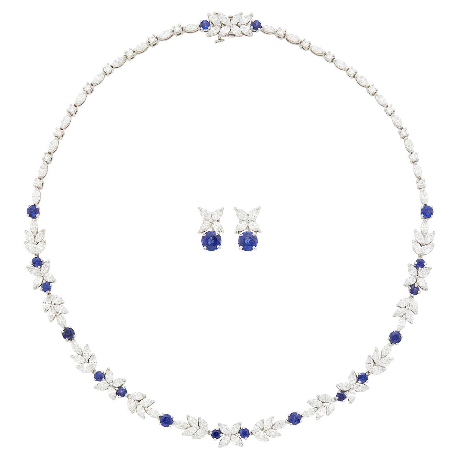 Lot 183 - Tiffany & Co. Platinum, Diamond and Sapphire 'Victoria' Necklace and Pair of Earclips