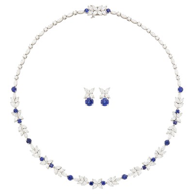 Lot 183 - Tiffany & Co. Platinum, Diamond and Sapphire 'Victoria' Necklace and Pair of Earclips