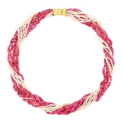 Lot 1155 - Multistrand Seed Pearl and Ruby Bead Torsade Necklace with Gold Clasp