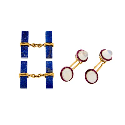Lot 1170 - Two Pairs of Gold, Platinum, Lapis, Moonstone and Ruby Cufflinks